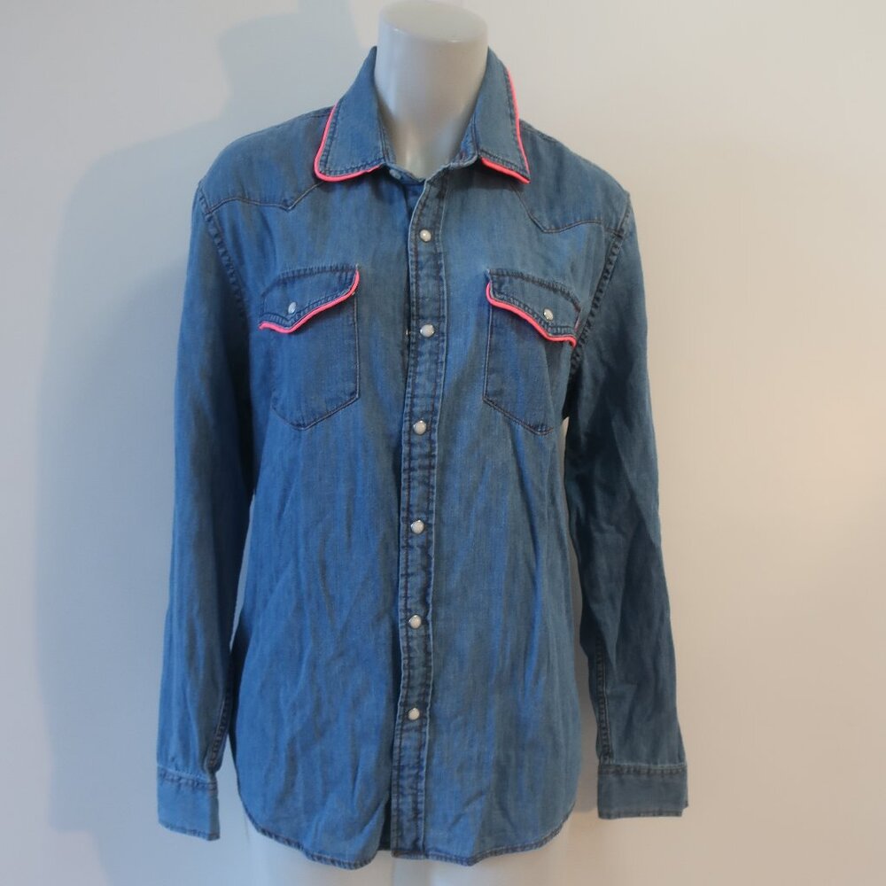 NWT Womens Romi Basha Dark Blue Denim Neon Pink Trim Button Down Shirt M